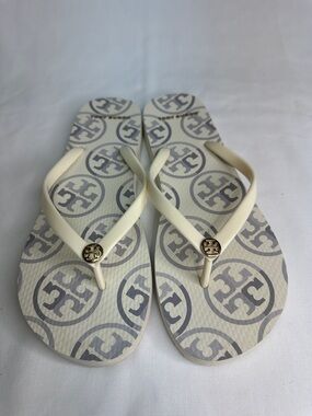 Tory Burch Cream Flip Flop Sandals with Gray Logo Footbed